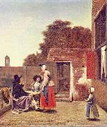 Pieter de Hooch Hof mit zwei Offizieren und trinkender Frau oil painting artist